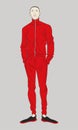 Cartoon flat design of a high white man wearing red sportswear, with black sneakers